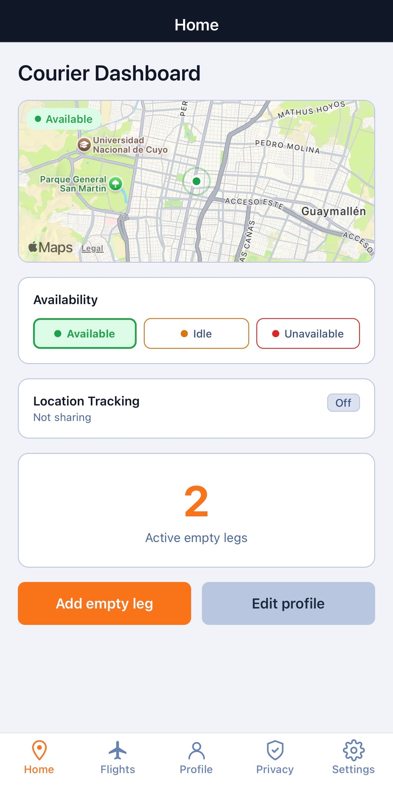 Courier dashboard with map, availability status, and active empty legs