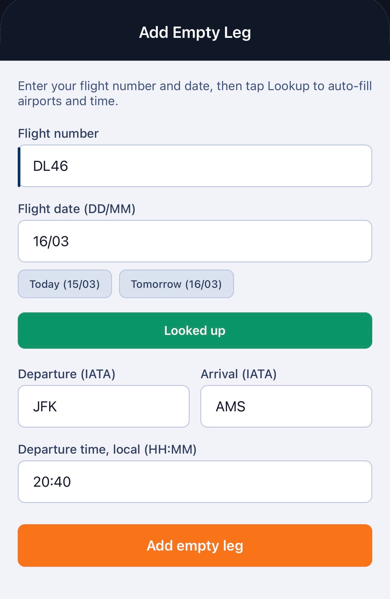 Add empty leg form with flight lookup