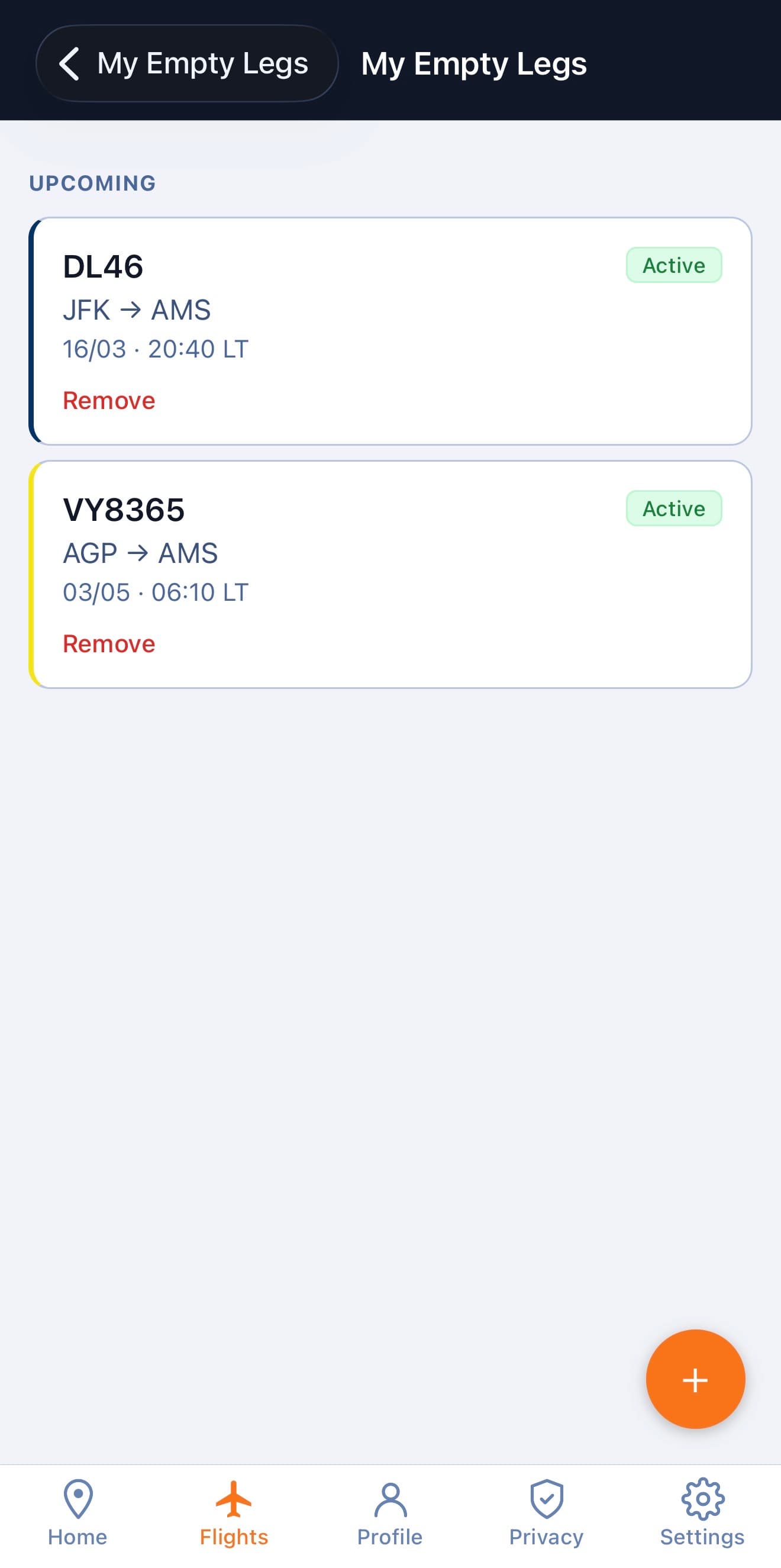 List of upcoming empty legs
