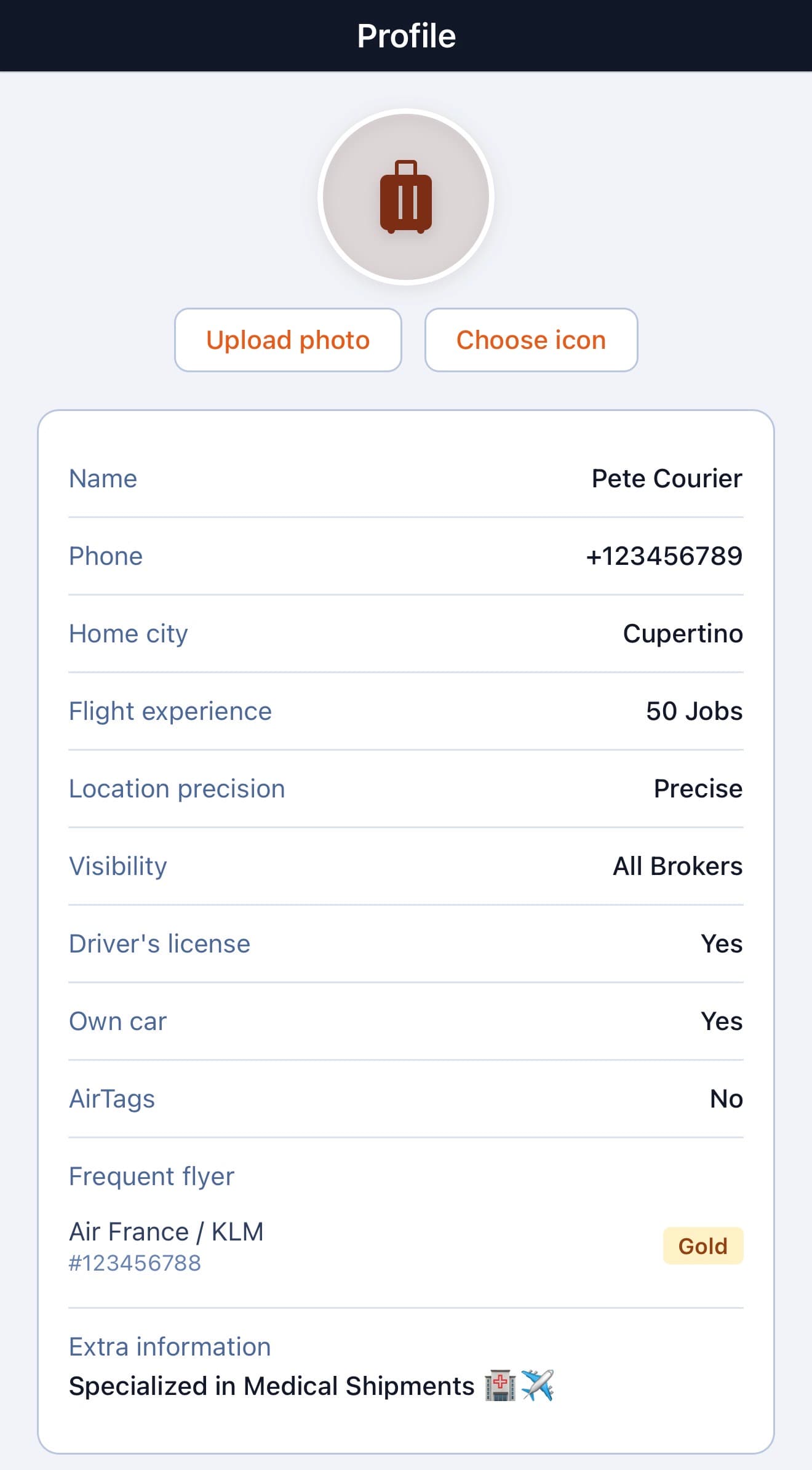 Courier profile with privacy and visibility controls